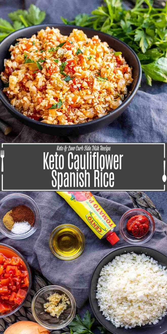 Pinterest image for Keto Cauliflower Spanish Rice with title text