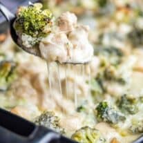 Chicken and broccoli casserole in a skillet.