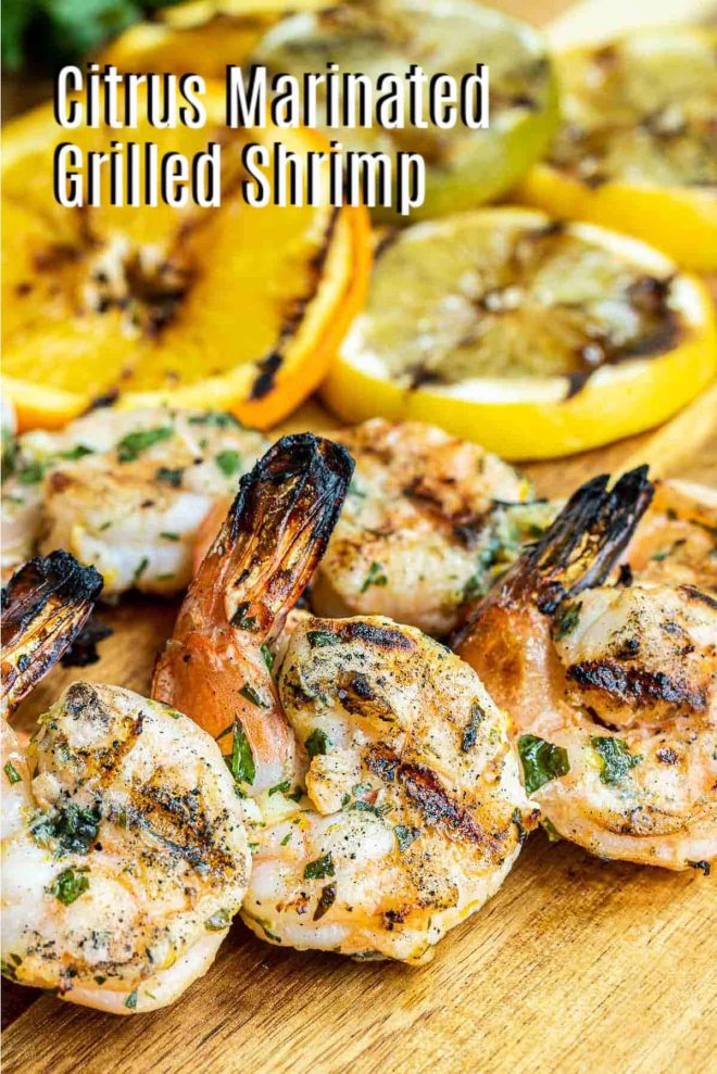 Pinterest image for Citrus Marinated Grilled Shrimp with title text