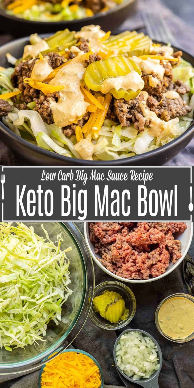Pinterest image of Keto Big Mac Bowl with title text