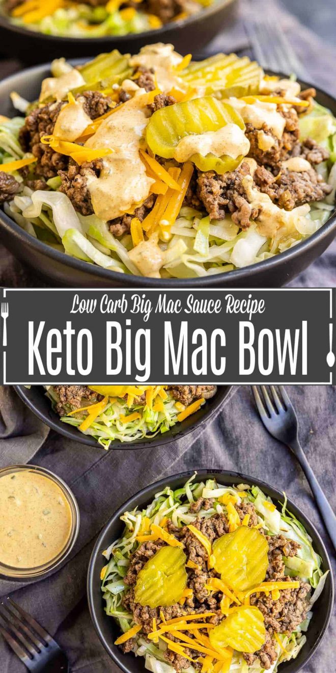 Pinterest image of Keto Big Mac Bowl with title text