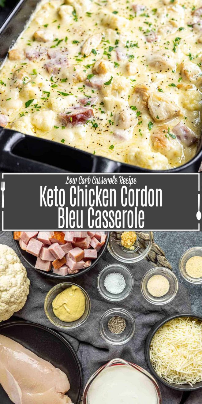 Pinterest image for Keto Chicken Cordon Bleu Casserole with title text