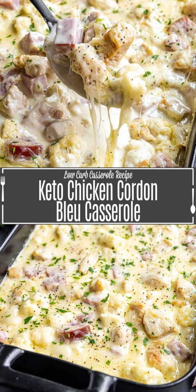 Pinterest image for Keto Chicken Cordon Bleu Casserole with title text