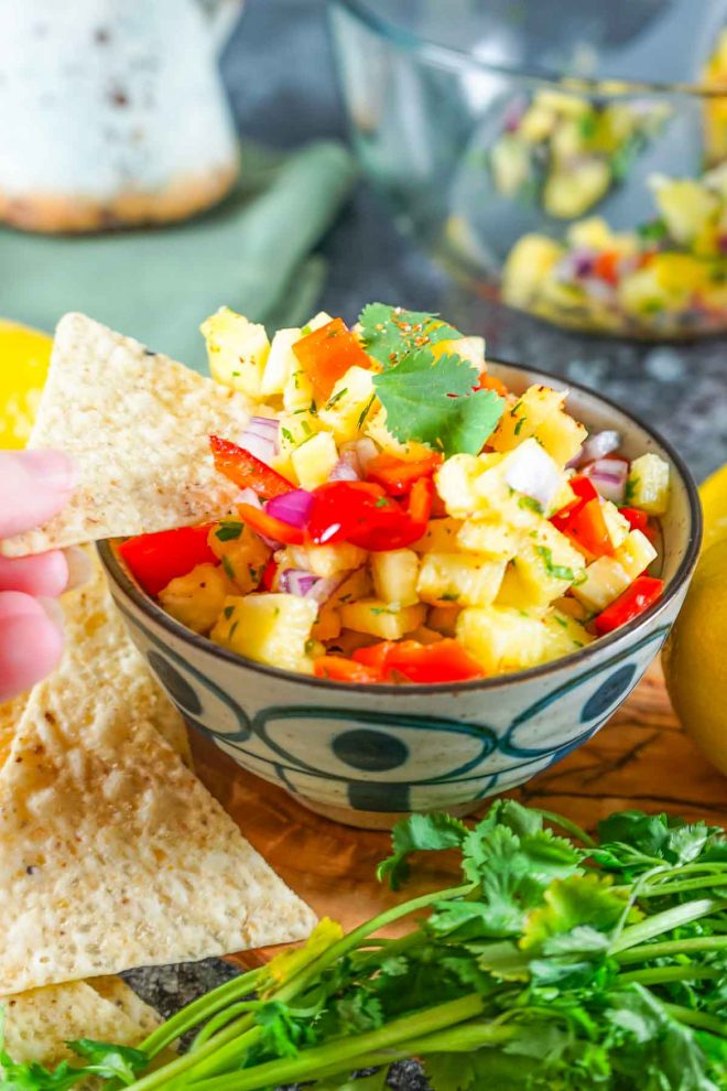 Pineapple Salsa appetizer with tortilla chips