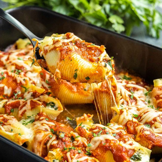Spinach and Ricotta Stuffed Shells on a spoon