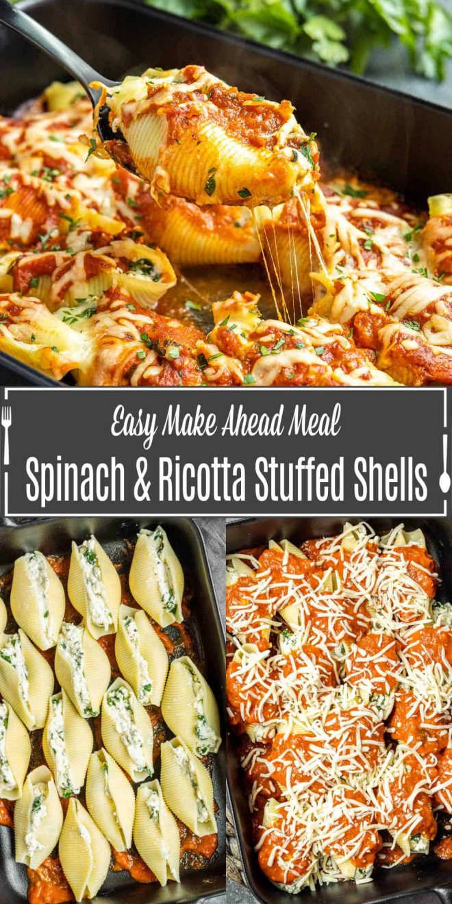Pinterest image of Spinach and Ricotta Stuffed Shells with title text