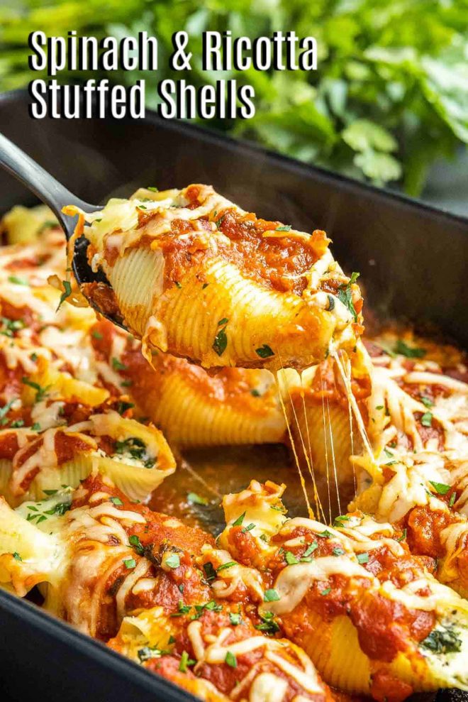 Pinterest image of Spinach and Ricotta Stuffed Shells with title text
