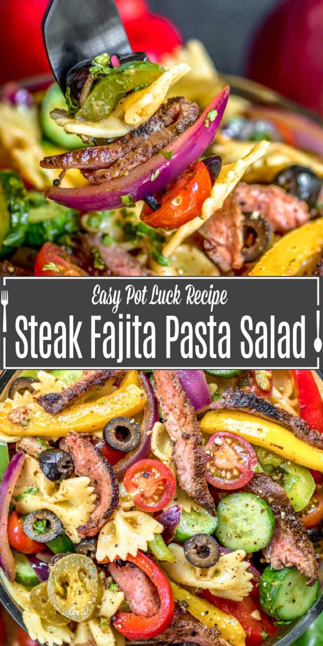 Pinterest image for Steak Fajita Pasta Salad with title text