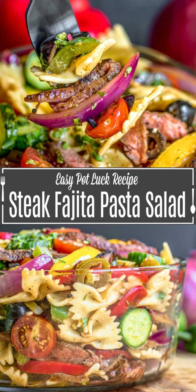 Pinterest image for Steak Fajita Pasta Salad with title text