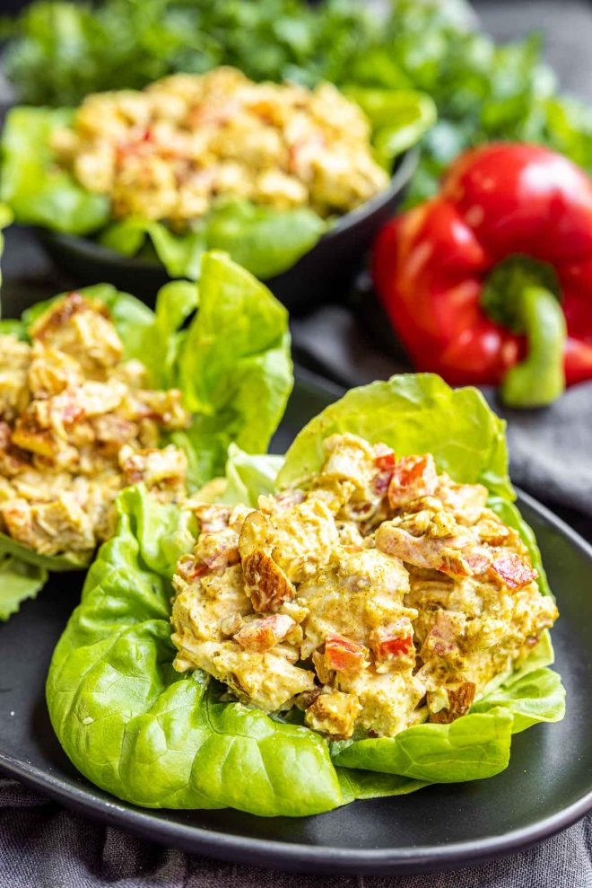 Curry Chicken Salad on a platter in lettuce cups