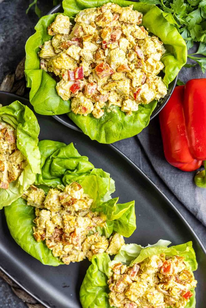 Curry Chicken Salad in lettuce cups on a platter