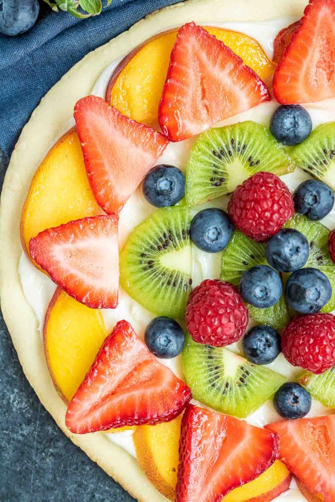 Fruit Pizza healthy dessert topped with fresh fruit
