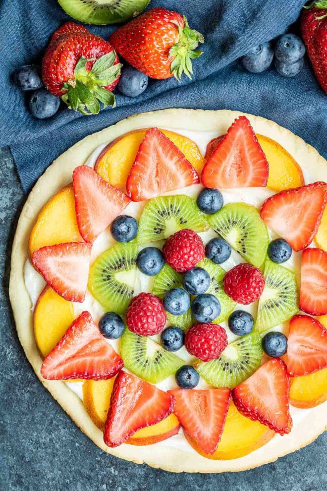 Fruit Pizza dessert topped with fresh fruit