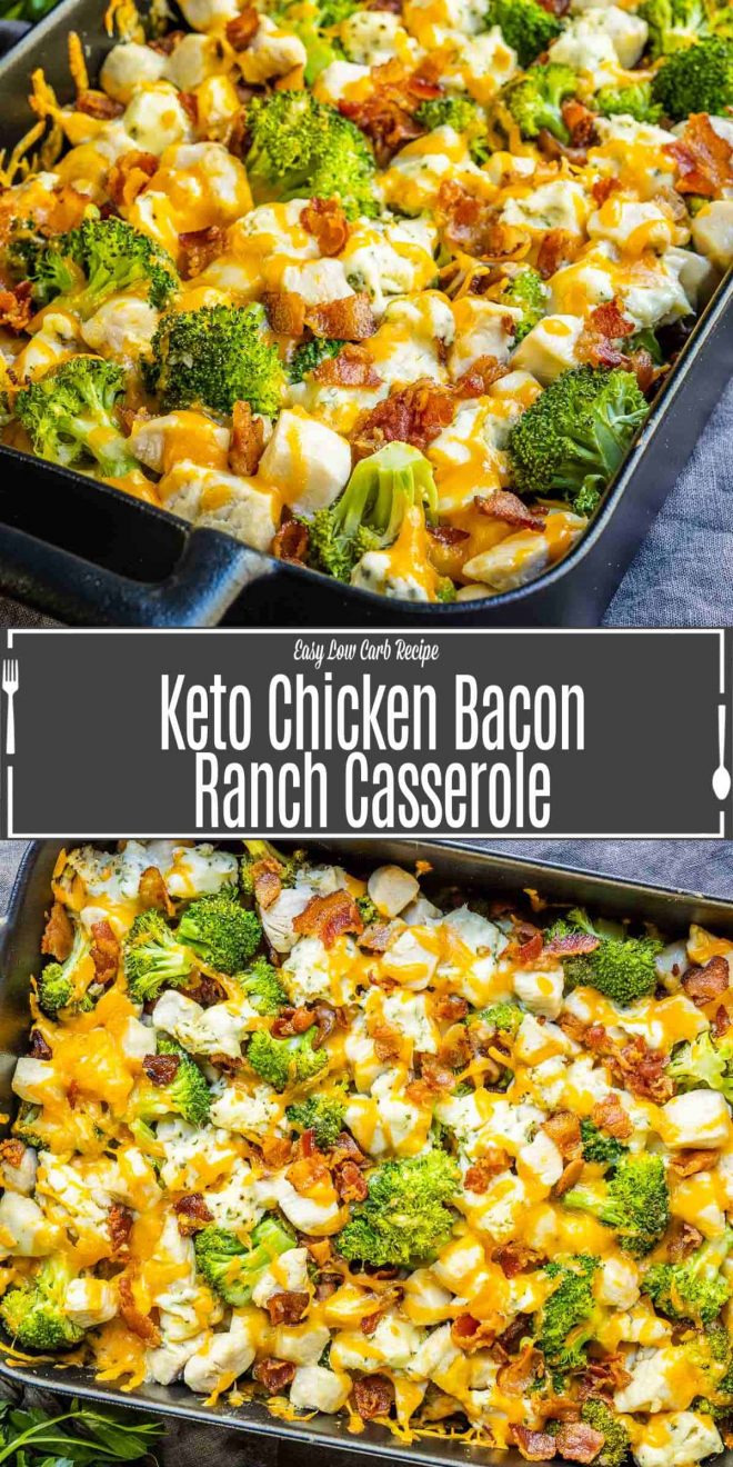 Pinterest image for Keto Chicken Bacon Ranch Casserole with title text