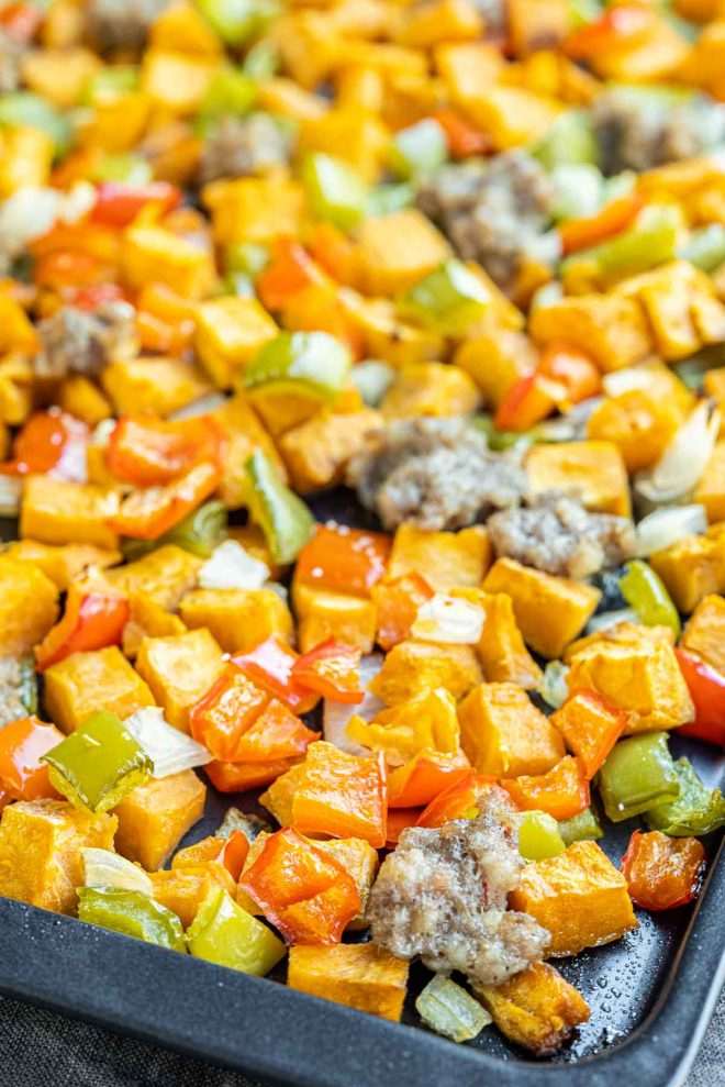 Sweet Potato Hash with peppers and sausage