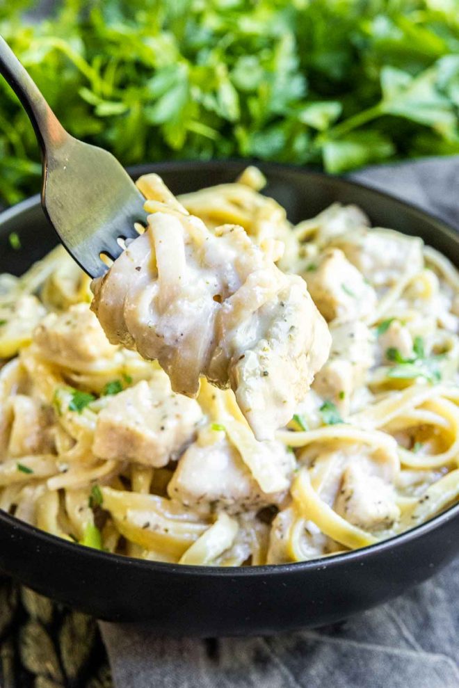 Instant Pot Chicken Alfredo rolled up on a fork