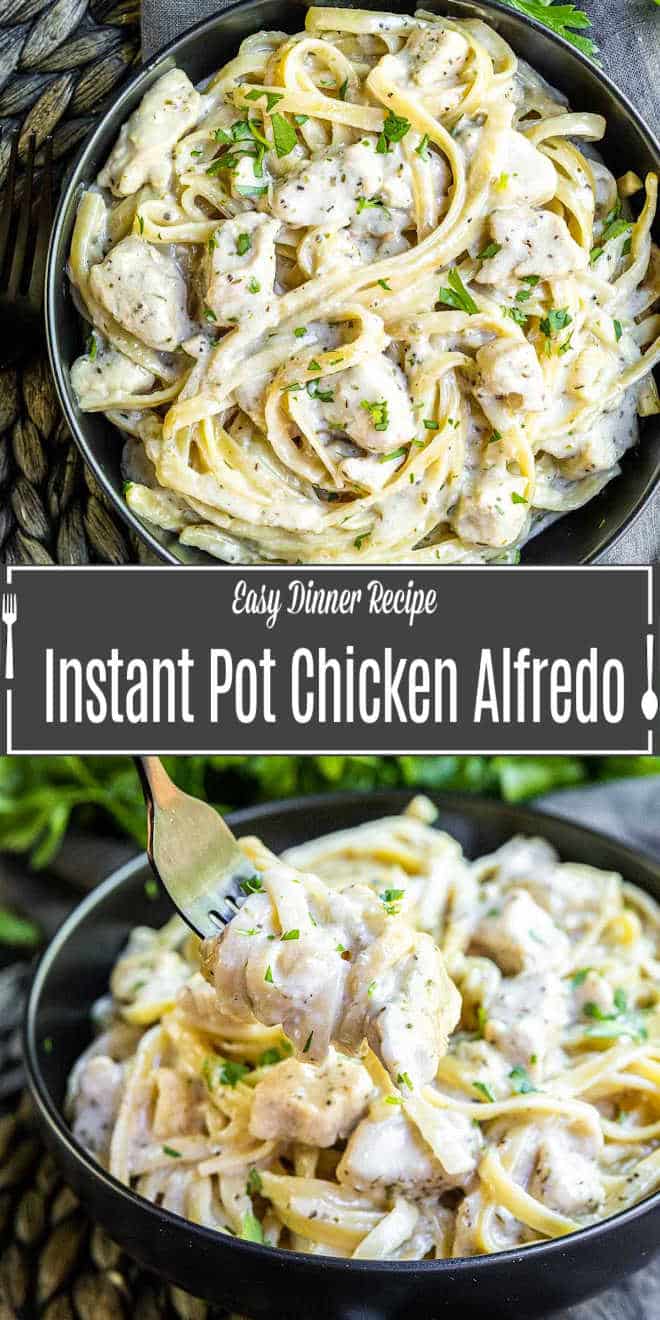 Pinterest image for Instant Pot Chicken Alfredo with title text