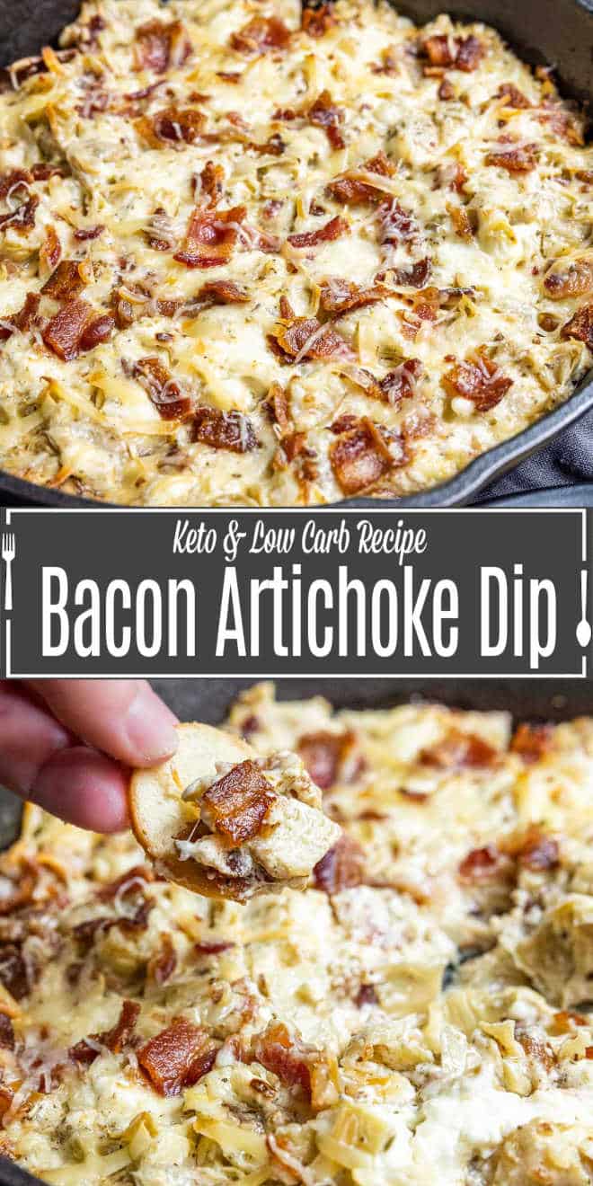 Pinterest image for Bacon Artichoke Dip with title text