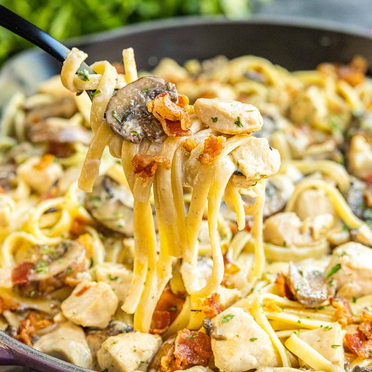 Creamy Chicken and Bacon Pasta on a black fork