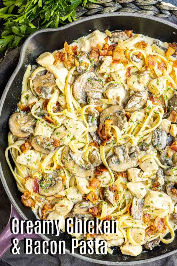 Pinterest image of Creamy Chicken and Bacon Pasta with title text