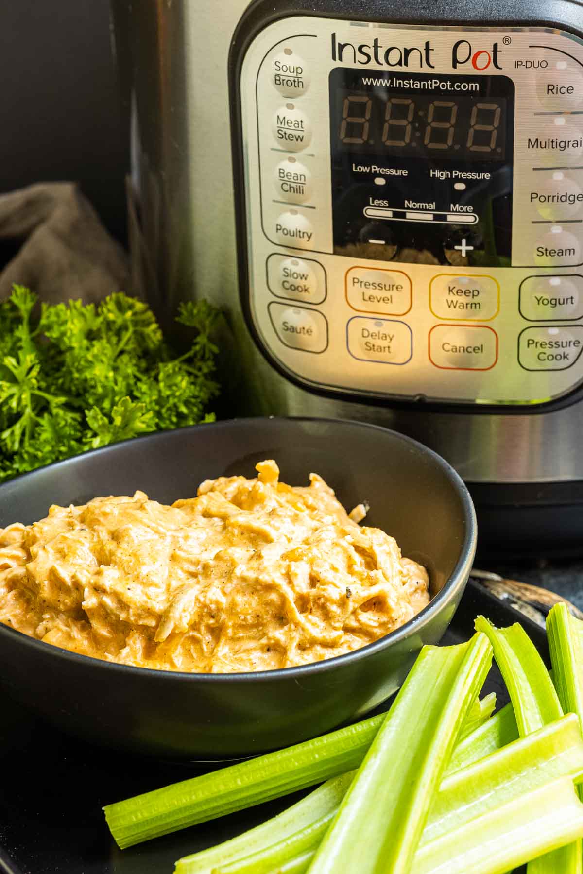 plate of celery sticks with a bowl of Instant Pot Buffalo Chicken Dip