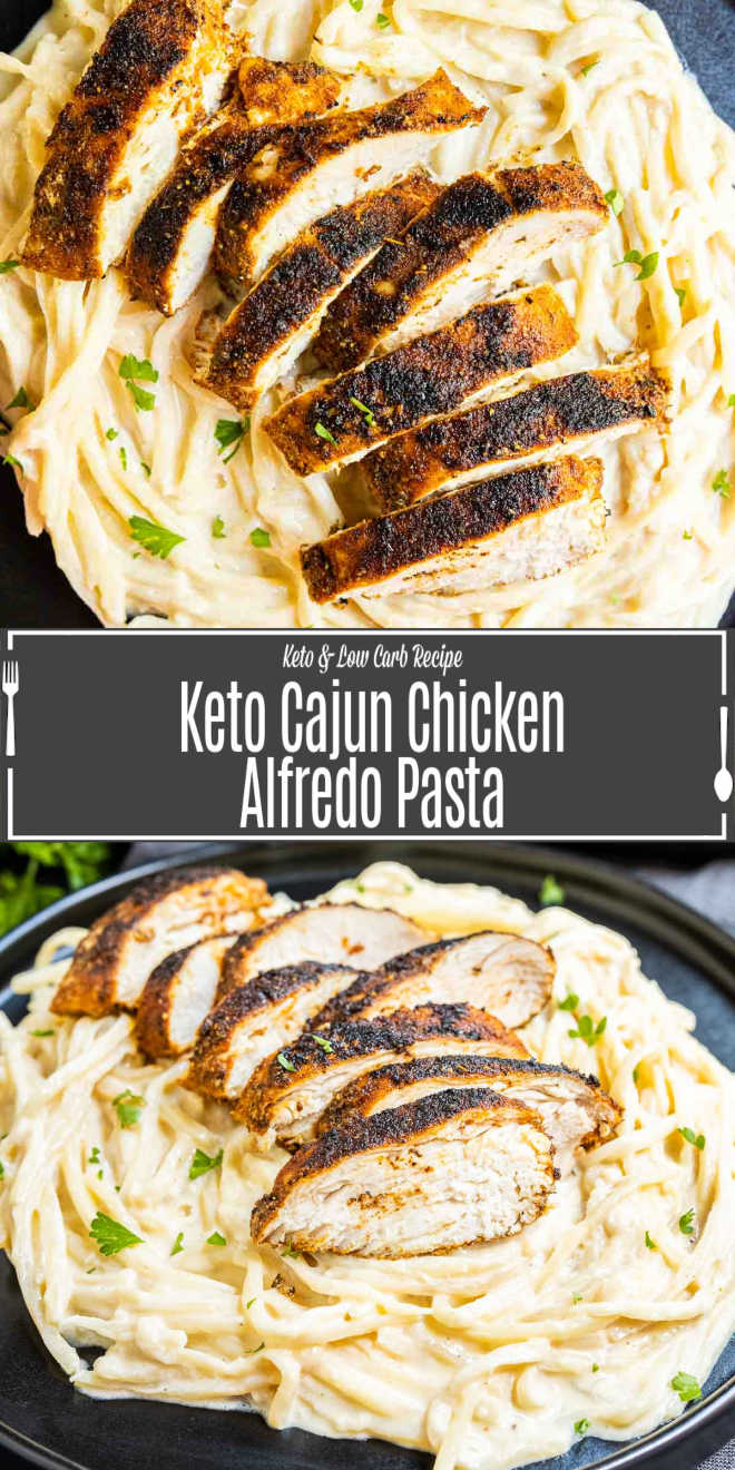 Pinterest image of Keto Cajun Chicken Alfredo Pasta with title text