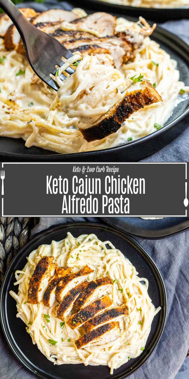 Pinterest image of Keto Cajun Chicken Alfredo Pasta with title text