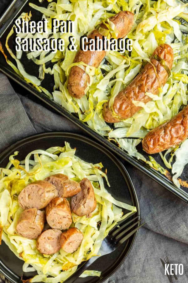 Pinterest image of Sheet Pan Sausage and Cabbage with title text