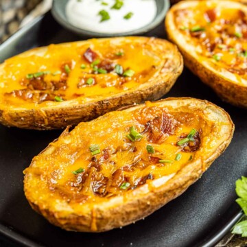 Air Fryer Potato Skins on a black plate