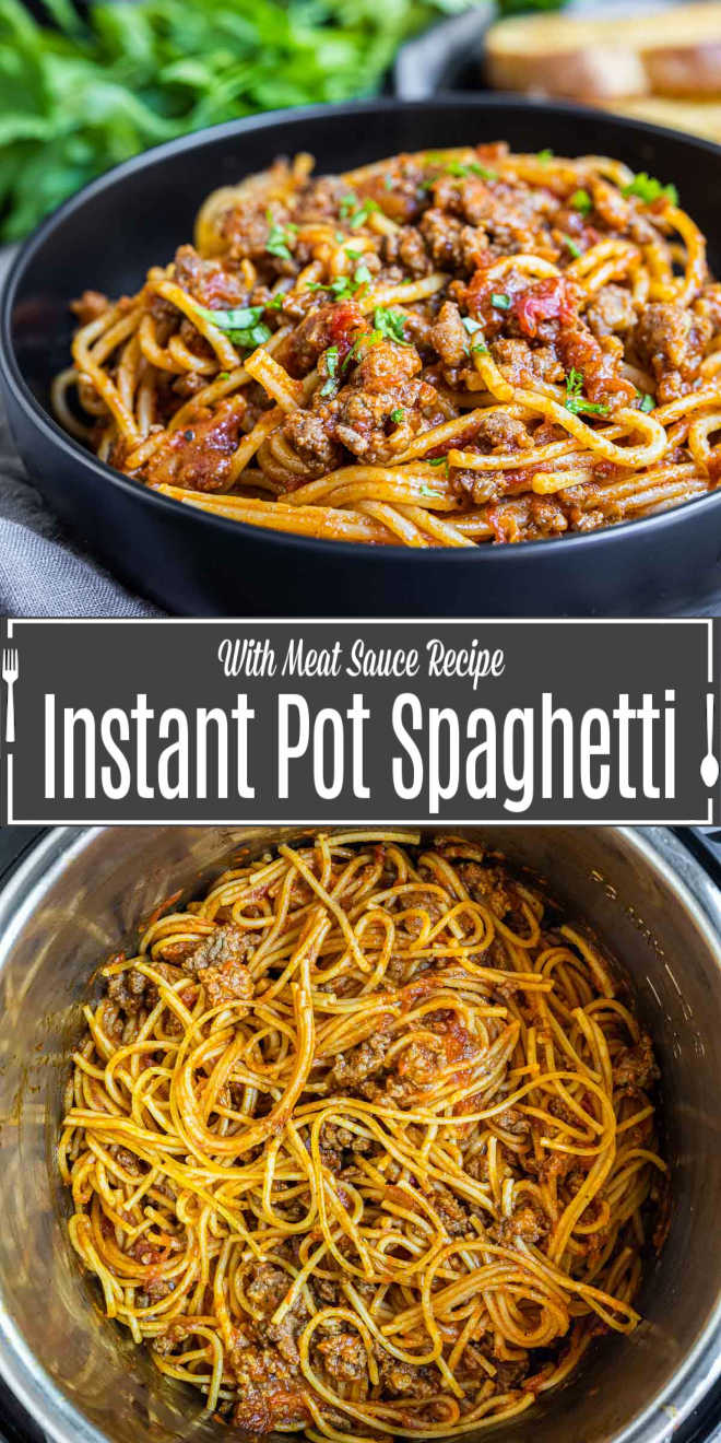 Pinterest image for Instant Pot Spaghetti with title text