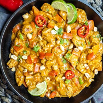 Keto Peanut Butter Chicken in a cast iron skillet
