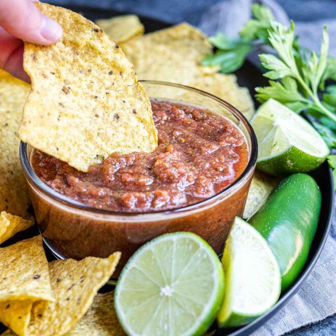 Restaurant Style Salsa in bowl dipping chip