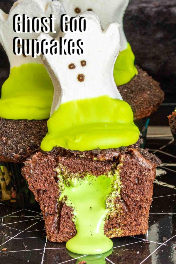 Pinterest image for Ghost Goo Halloween Cupcakes with title text