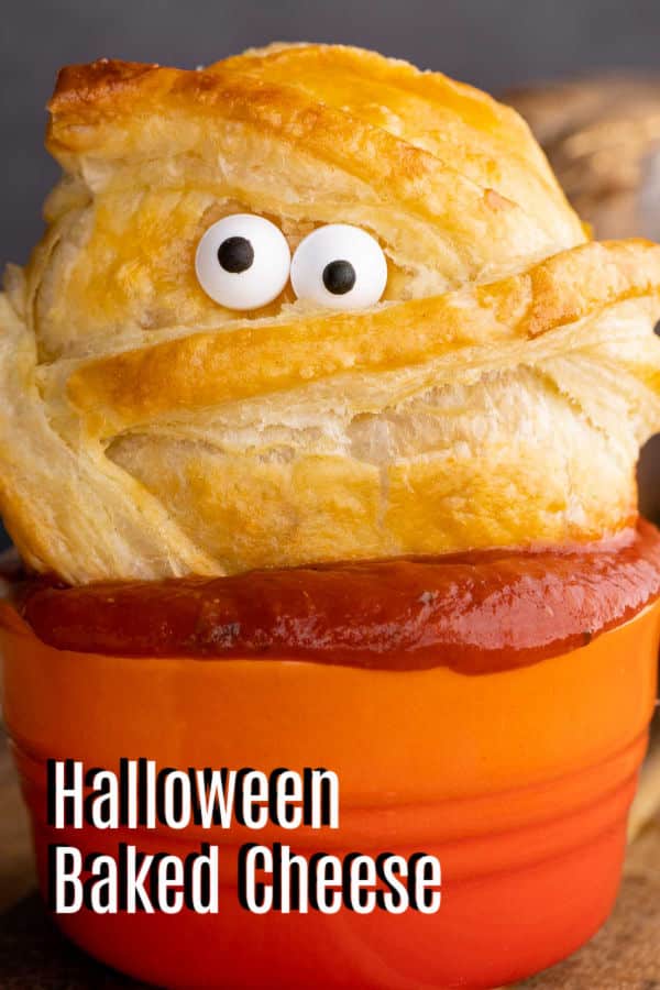 Pinterest image for Halloween Baked Cheese with title text