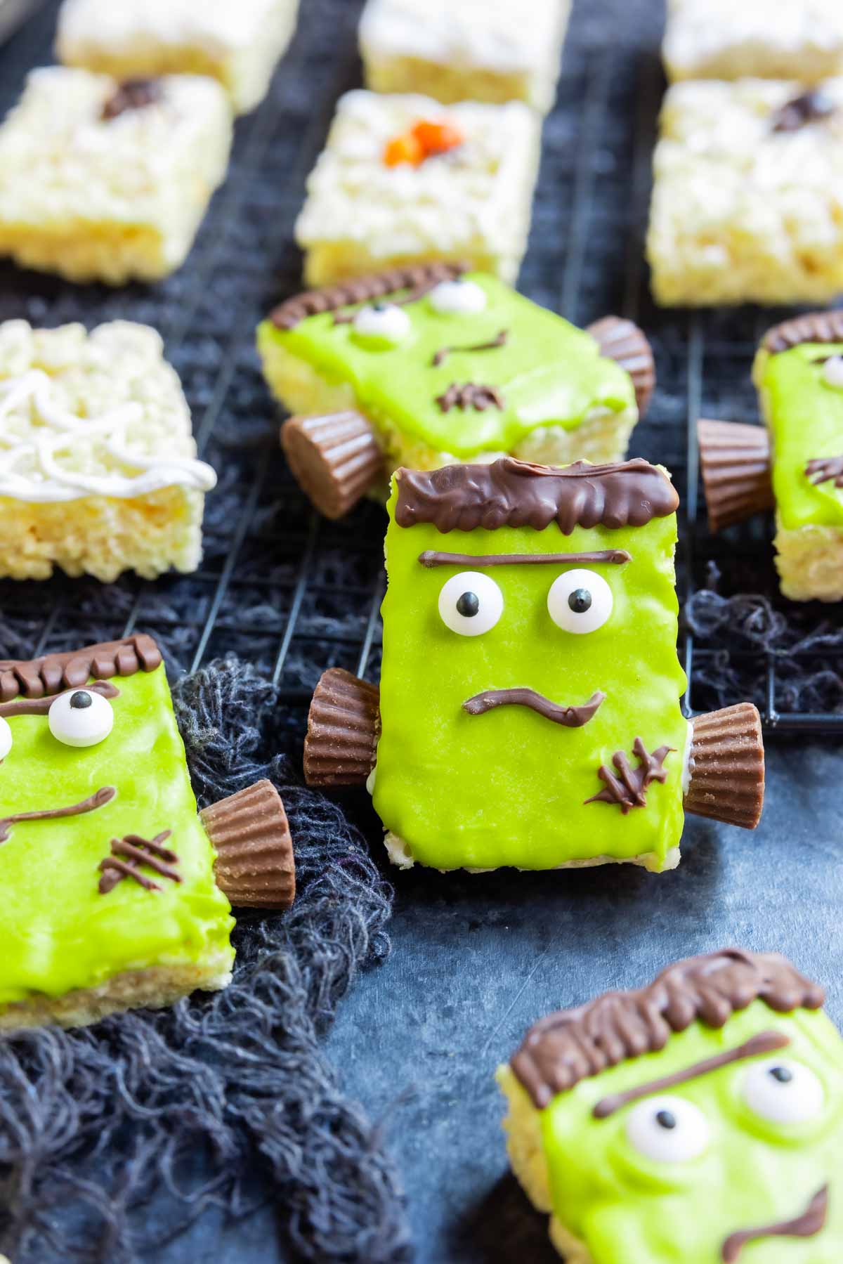 Frankenstein Rice Krispies Treats decorated with colored candy melts