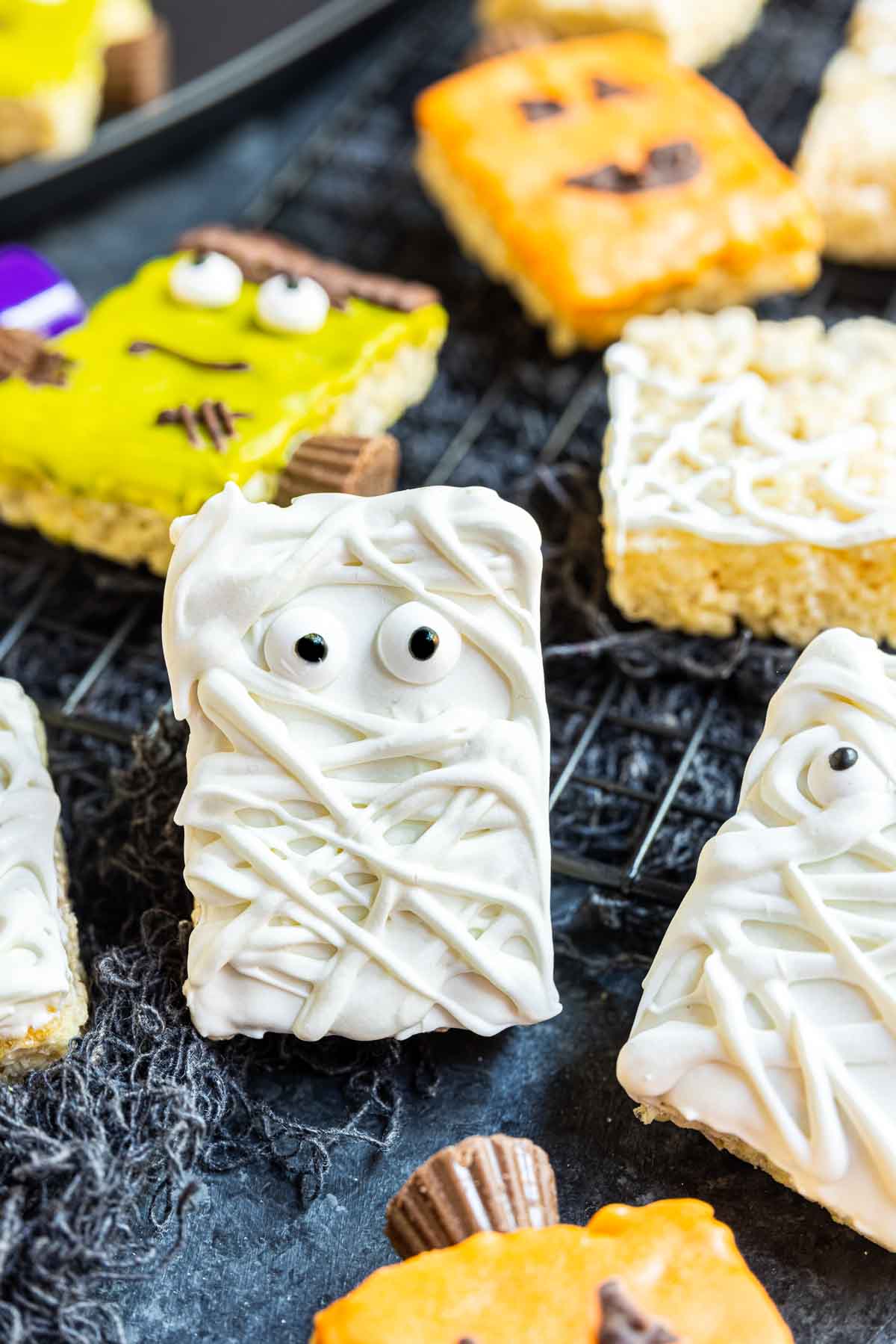 Mummy Rice Krispies Treats decorated with colored candy melts