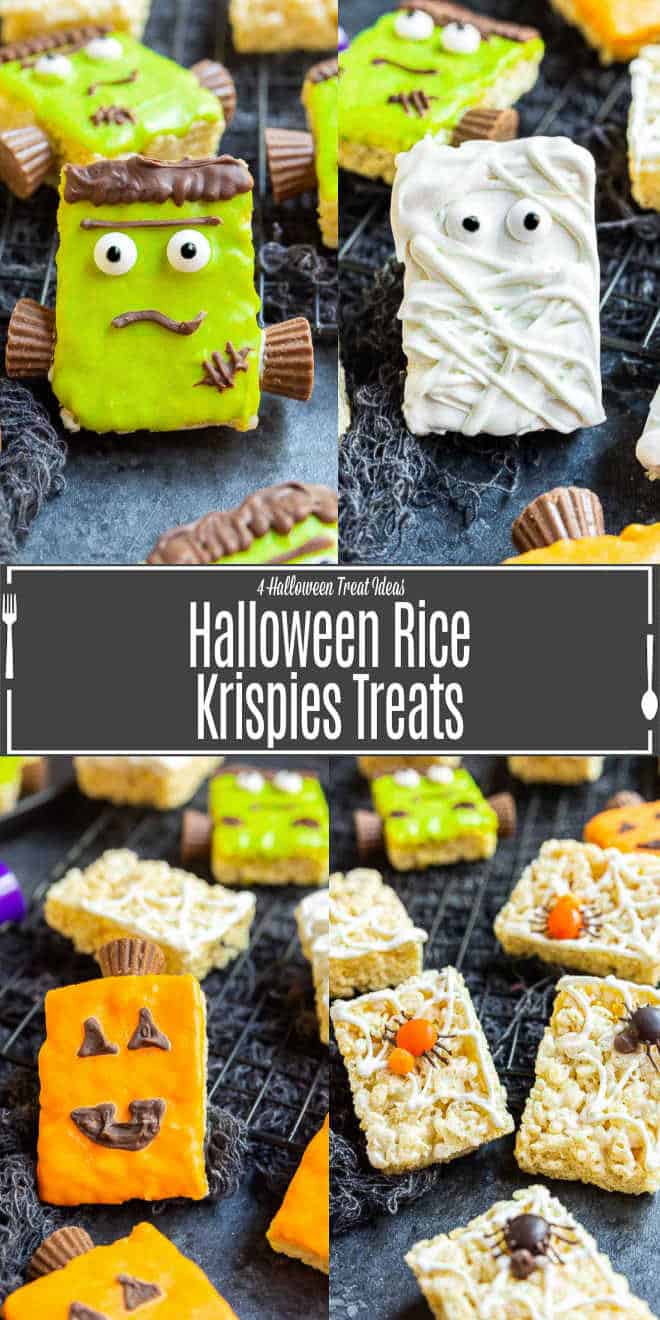 Pinterest image for Halloween Rice Krispies Treats with title text