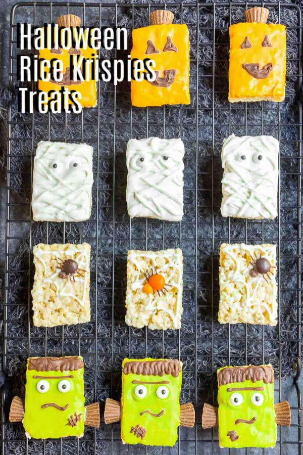 Pinterest image for Halloween Rice Krispies Treats with title text