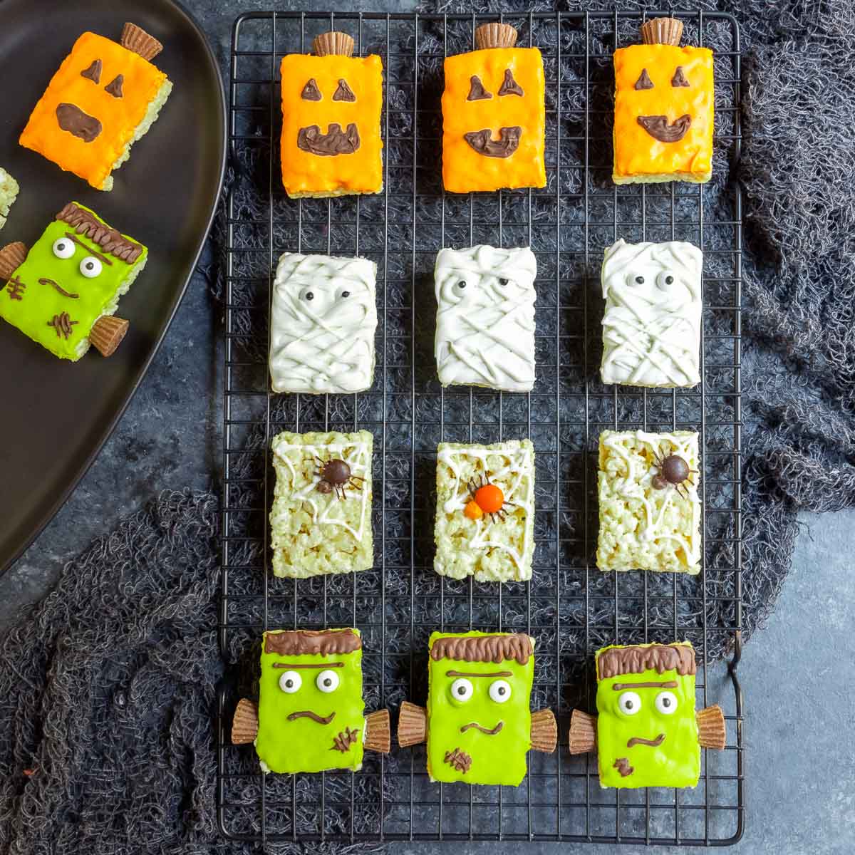4 types of Halloween Rice Krispies Treats on a wire cooling rack