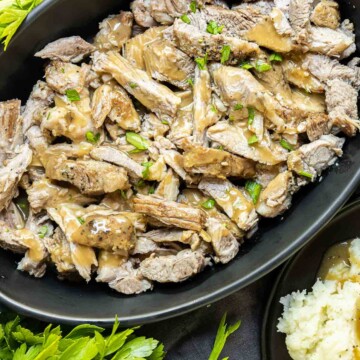 Instant Pot Pork Roast shredded in platter