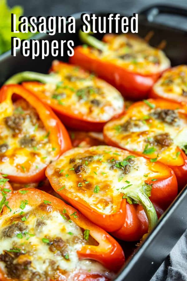 Pinterest image for Lasagna Stuffed Peppers with title text