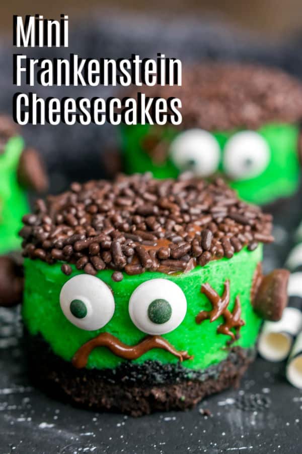 Pinterest image for Frankenstein Mini Cheesecakes with title text