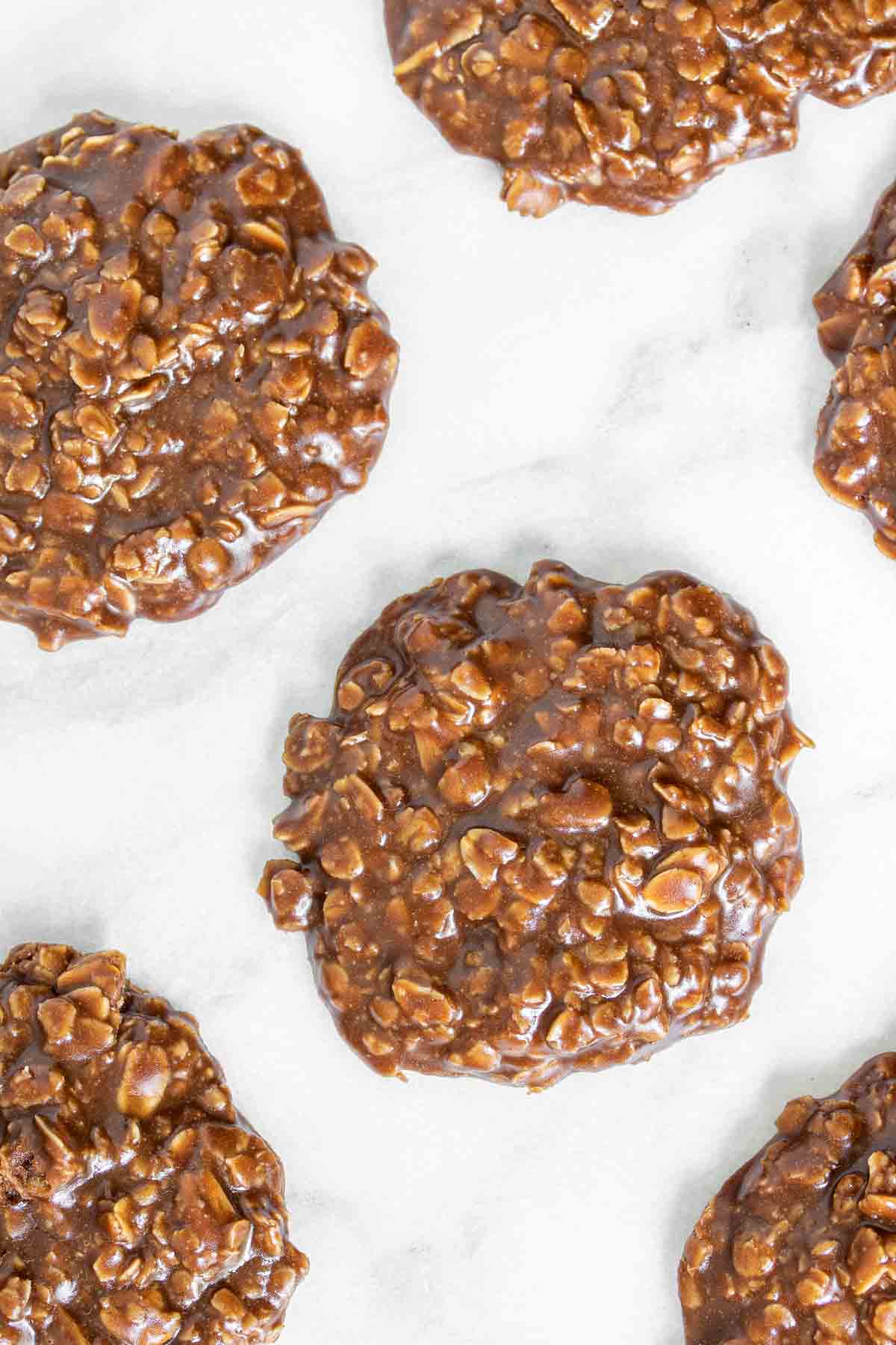 cooling No Bake Chocolate Oatmeal Cookies on marble