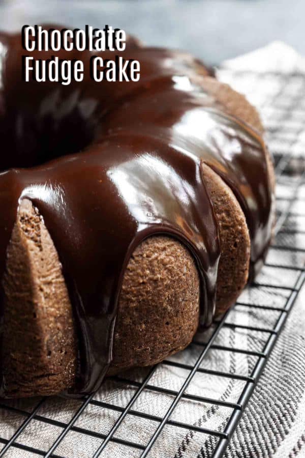 Pinterest image for Chocolate Fudge Cake with title text