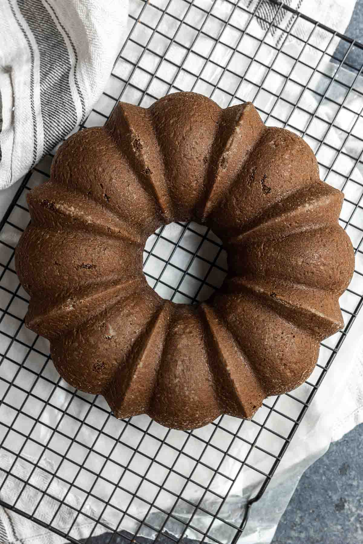 Chocolate Fudge Cake without glaze on cooling rack