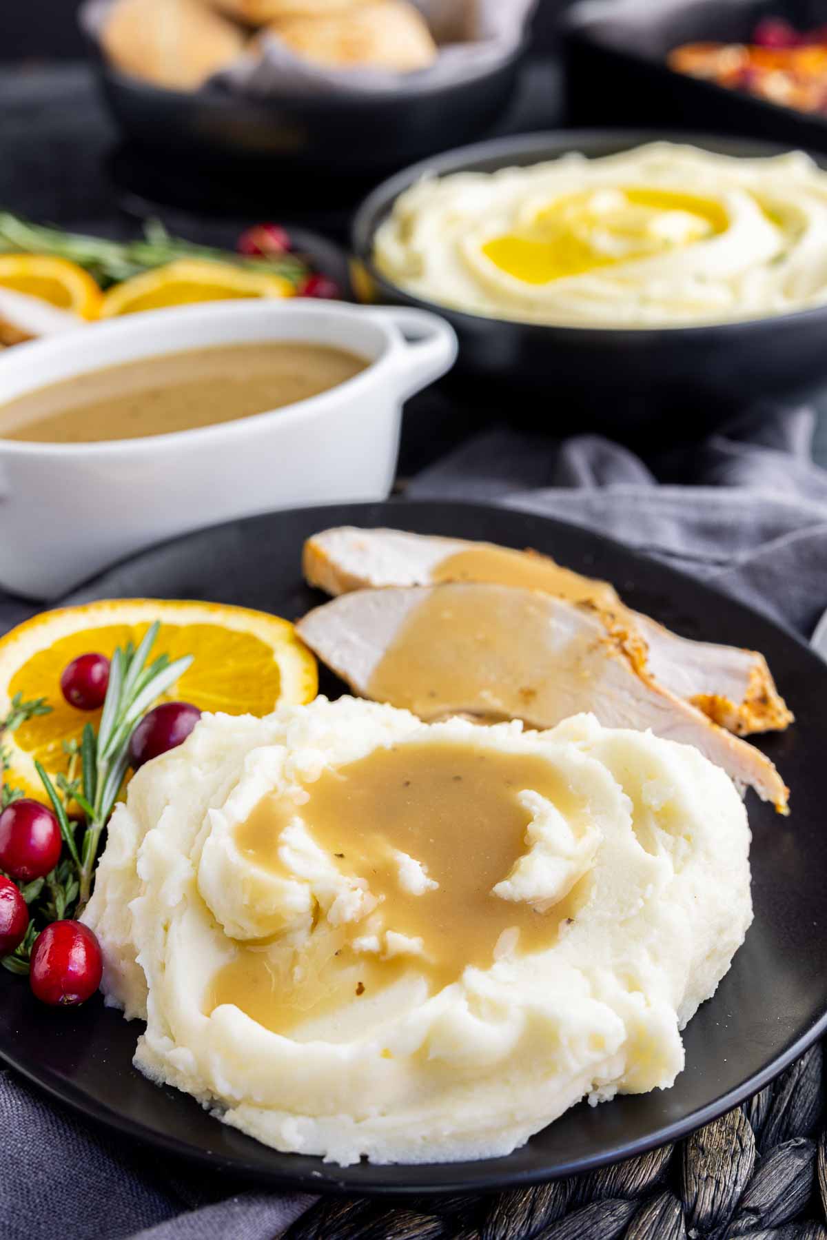 Not Your Mom’s Mashed Potatoes on plate with turkey with gravy