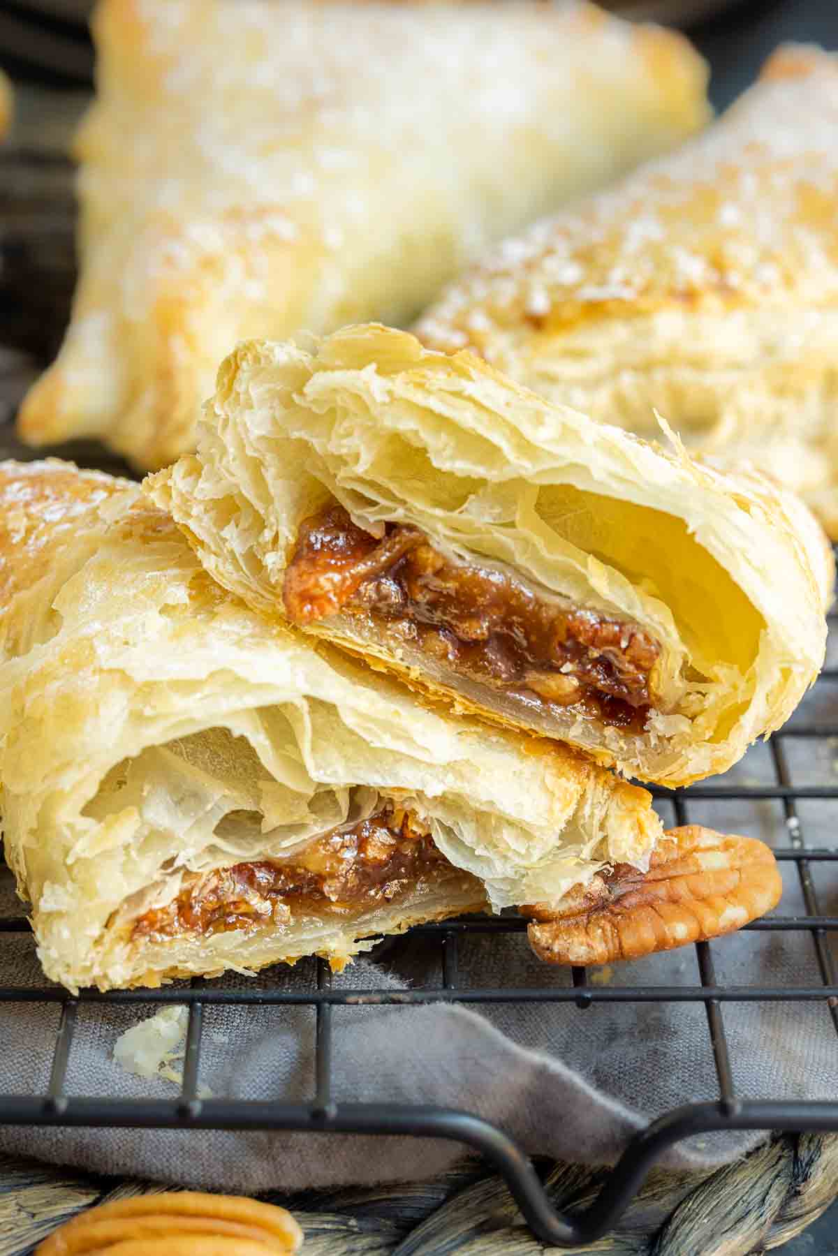 stuffed Puff Pastry Pecan Pies with pecan pie filling