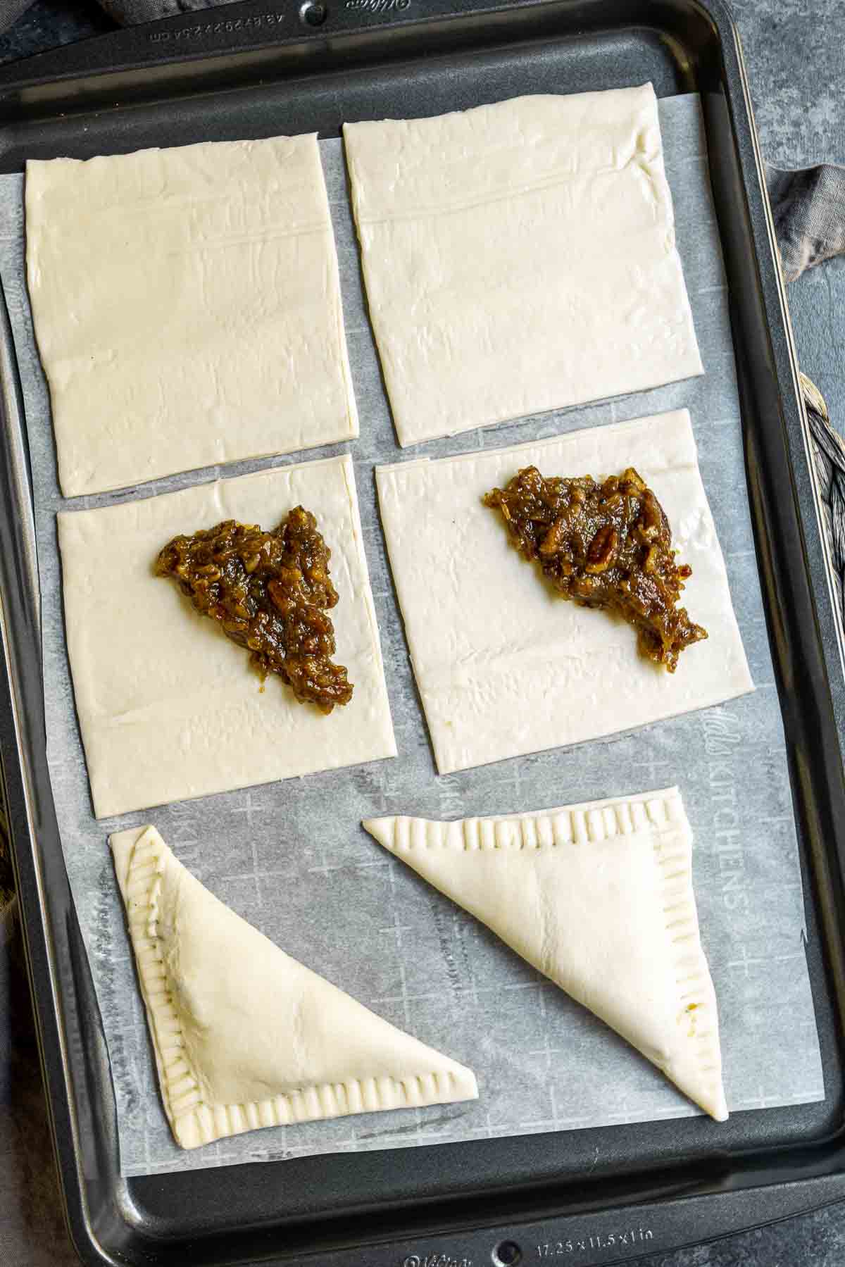 Steps for making pecan pie puff pastries