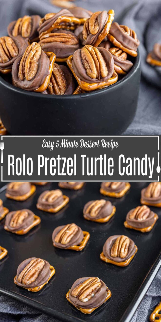 Pinterest image for Rolo Pretzel Turtle Candy with title text