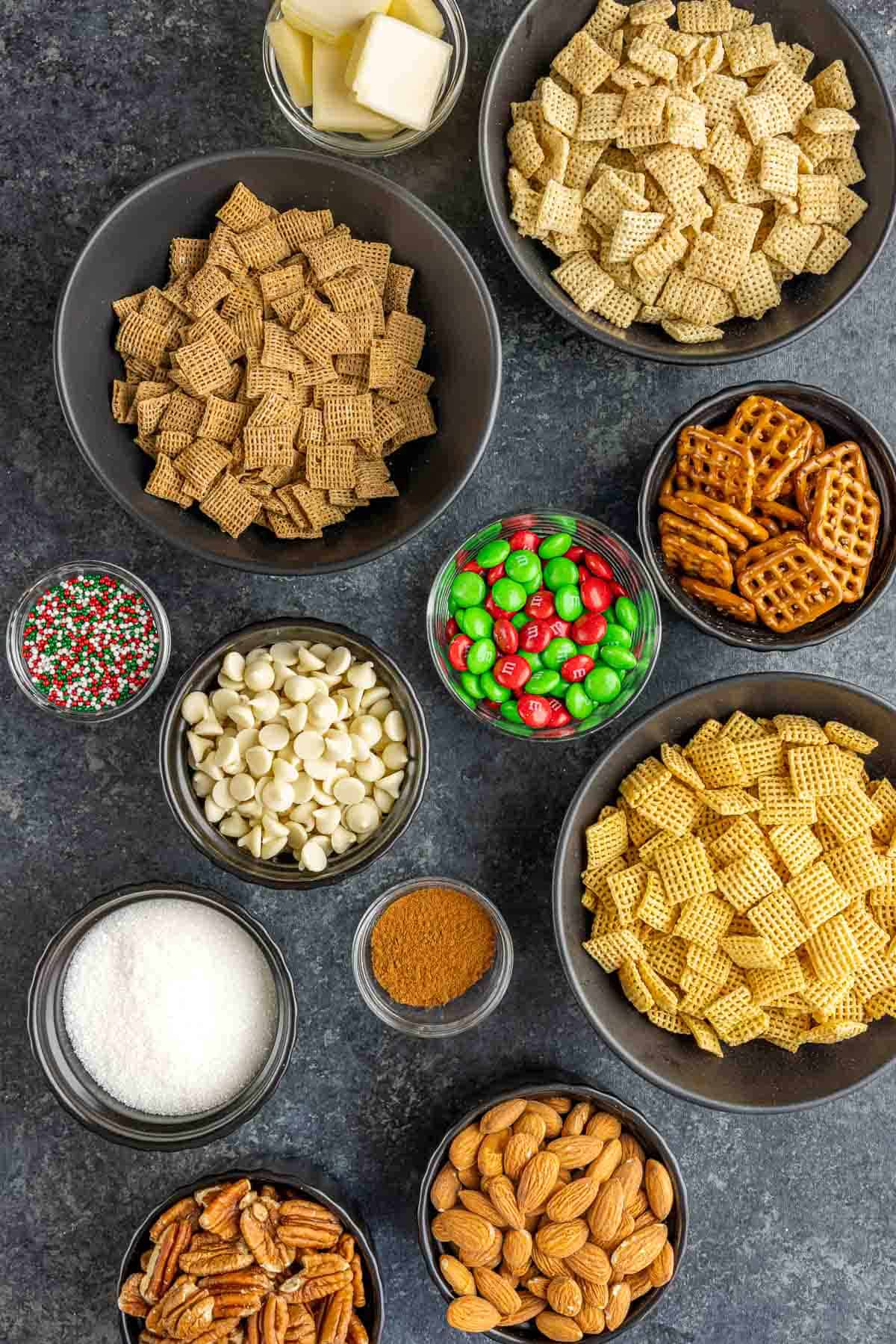 Ingredients for Christmas Chex mix